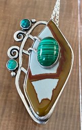 Sterling Silver - Picture Jasper - Turquoise & Malachite Pendant - Pin W 24' Sterling Necklace  - 31.3 Grams