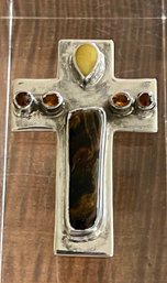 Sterling Silver - Baltic Amber - Citrine & Pietersite Handmade Cross Pendant - Total Weight 31.6 Grams