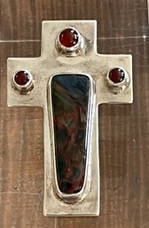 Stunning Sterling Silver - Carnelian & Pietersite Handmade Cross Pendant - Total Weight 29.1 Grams