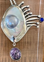 Sterling Silver Salim Blister Pearl & Charoite Pendant - Pin 21.5' Sterling Necklace - Handmade - 27.2 Grams