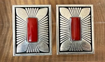 Howard Nelson Navajo Sterling Silver & Coral Earrings - Total Weight 21.7 Grams