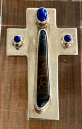 Sterling Silver - Pietersite & Blue Lapis Lazuli Cross Pendant - Total Weight 29.7 Grams