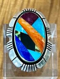 Gilbert Nelson Navajo Sterling Silver Stone Inlay Ring Turquoise - Coral - Sugilite - Lapis - Onyx Size 6