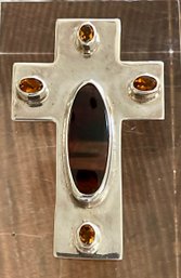 Lovely Sterling Silver - Citrine & Agate Handmade Cross Pendant - Total Weight 28.5 Grams