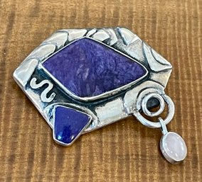 Sterling Silver - Charoite & Pink Quartz Pin - Handmade - Total Weight - 19.2 Grams