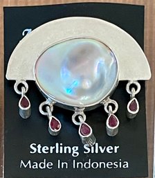Sterling Silver - Blister Pearl & Ruby Pin - Handmade - Total Weight - 15.8 Grams