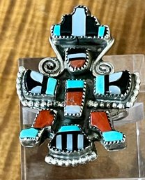 G B Natachu Zuni Sterling Silver Inlay Stone Dancer Ring Size 6 - Onyx - Turquoise - Coral - Mother Of Pearl
