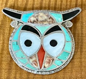 Zuni One Native American Inlay Owl Pin - Turquoise - Coral - MOP - Shell - Total Weight 18.4 Grams