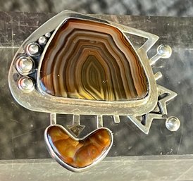 Falling In Love - Sterling Silver - Agate & Fire Opal Pin - Handmade - Total Weight - 21.7 Grams