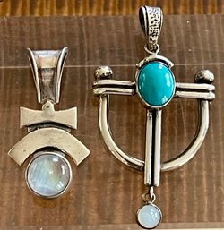 (2) Sterling Silver Pendants (1) Turquoise & Moonstone And (1) Rainbow Moonstone - Total Weight 13.3 Grams