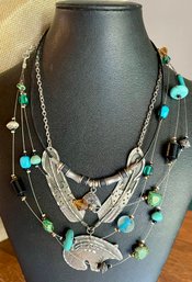 Vintage Silver Tone Bear & Feather Necklace - Turquoise & Bead Necklace & Mushroom Pendant Necklace