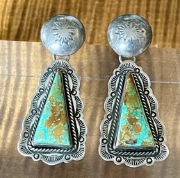 Aaron Toadlena Sterling Silver Navajo Turquoise Earrings - Total Weight 15.7 Grams