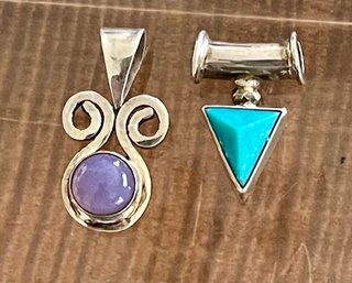 (2) Sterling Silver Handmade Pendants (1) Chalcedony And (1) Turquoise - Total Weight 7,7 Grams