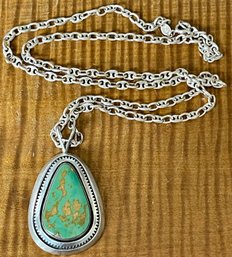 Sterling Silver & Turquoise Navajo Pendant With Sterling Silver Italy Chain - Total Weight 37.6 Grams