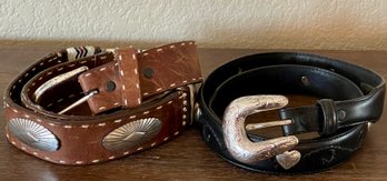 (2)leather Belts- A Justin's Top Grain Stitched With Beads 32', Cabela's Black Leather Stitched With Heart 32'