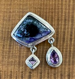 Sterling Silver - Charoite & Amethyst Pin - Total Weight - 17.2 Grams
