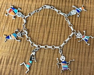 Sterling Silver Rock Kritters Inlay Stone Charm Bracelet - Turquoise - Coral - Lapis - 8 Inches - 21.4 Grams