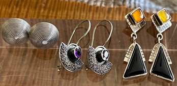 (3) Pairs Of Sterling Silver Handmade Earrings (1) Amethyst (1) Amber & Onyx (1) Modern -  Weight 14.5 Gram