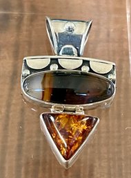 Sterling Silver Agate & Amber Pendant - Handmade - Total Weight - 11.7 Grams