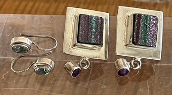 (2) Pairs Of Sterling Silver Handmade Earrings (1) Rainbow Hematite & Amethyst (1) Faceted Aquamarine - 13.6 G