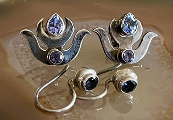 (2) Pairs Of Sterling Silver & Tanzanite Handmade Earrings - Total Weight 4.5 Grams