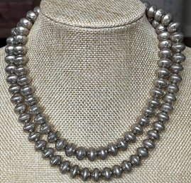 Vintage Navajo Sterling Silver 34 Inch Bench Bead Necklace Stamped P M Total Weight - 118.3 Grams