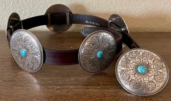 Nocona Leather Belt Size Medium With Silver Tone And Faux Turquoise Conchos Made By FY