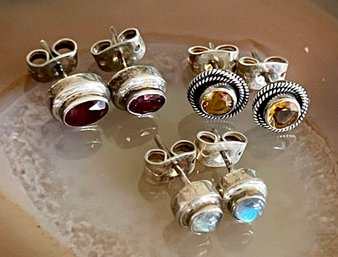 (3) Pairs Of Sterling Silver Handmade Post Earrings (1) Citrine (1) Spectrolite (1) Garnet - Weight 5.7 Grams