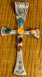 Navajo Stamped Sterling Silver Cross Pendant - Coral - Turquoise - Malachite - Amber & Coral - Weight 29 Grams