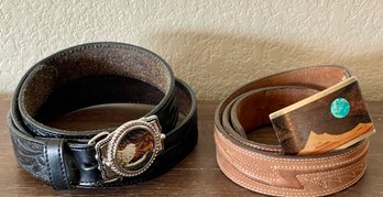 Justin's 38' Leather Belt With A Sky West Solid Brass Inlayed Buckle, Resistol 38' Genuine Leather Belt