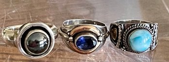 (3) Sterling Silver Pinky Rings (1) Iolite (1) Hematite & (1) Larimar W 18K Gold Accent  - Size 3 -14.6 Grams