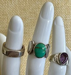 (3) Sterling Silver Pinky Rings Size 3.25 - 3.75 - Turquoise - Amethyst & Square Band - Weight 19.1 Grams