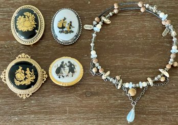 Treska Bead And Glass Necklace, (4) Porcelain Victorian Pins Brooches - Florenza, Germany, (1) As Is