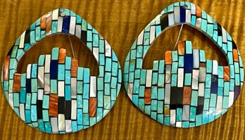 Gorgeous Large Shell Native American Inlay Earrings - MOP - Coral - Turquoise - Onyx