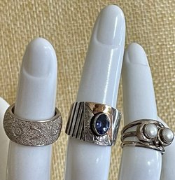 (3) Sterling Silver Pinky Rings Sizes 3.25 - 5 - Band - Iolite W 18K Gold Accent - Pearl - Weight 16.3 Grams