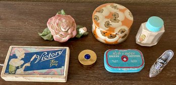 Vintage Dresser Lot - Cara Nome Powder, Airspun L'origan Box, Porcelain Trinket Box, Tangee Rouge, And More