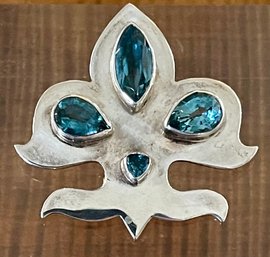 Sterling Silver And Blue Topaz Fleur De Lis Pendant - Handmade - Total Weight - 19.1 Grams