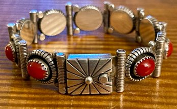 William J Johnson Navajo Sterling Silver And Coral 7.25 Inch Panel Bracelet - Total Weight - 45 Grams
