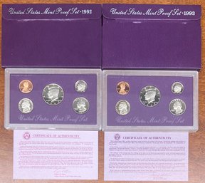 United States Mint Proof Set 1992 And 1993 With COAs