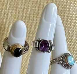 (3) Sterling Silver Pinky Rings - Sizes 2.75 - 3.25 - Amethyst - Larimar & Black Onyx - Weight 11.3 Grams