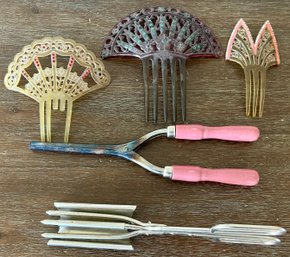 Vintage Hair Accessories - Celluloid Hair Combs (as Is), Crimper And Curling Iron
