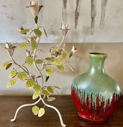 Metal Painted Flower Candle Holder And A Pottery Vase