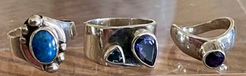 (3) Sterling Silver Pinky Rings Sizes 2.5 - 4.5 - Iolite & Topaz - Amethyst - Blue Lapis  Weight 12.5 Grams