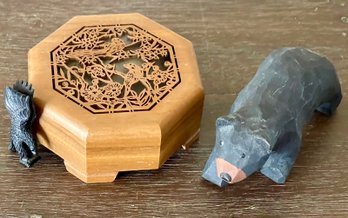 Laser Craft Music Box Works With A Carved Wood Bear And Eagle