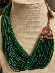 Early 1900's Naga Green Glass Bead 34 Strand 20 Inch Necklace