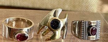 (3) Sterling Silver Pinky Rings - Iolite - Garnet & Ruby W 18K Gold Accents Sizes 3.5 - Total Weight 13 Grams