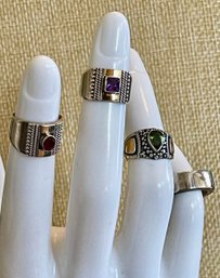 (4) Sterling Silver Pinky Rings - Peridot - Amethyst & Ruby - Sizes 2-3 - Total Weight 19.4 Grams