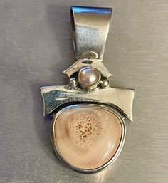 Sterling Silver- Pearl And Fossil Ivory Pendant - Handmade - Total Weight 11.4 Grams