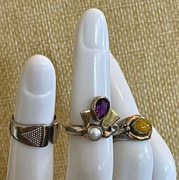 (3) Sterling Silver Pinky Rings Sizes 3-5 - Band W 18K Gold Accent - Amethyst & Pearl & Baltic Amber - 11.7  G