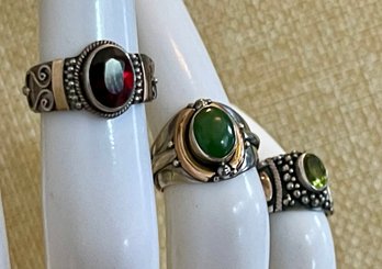 (3) Sterling Silver Pinky Rings - Sizes 2-3.25 - Peridot - Jade & Garnet W 18K Gold Accents - 12.1 Grams